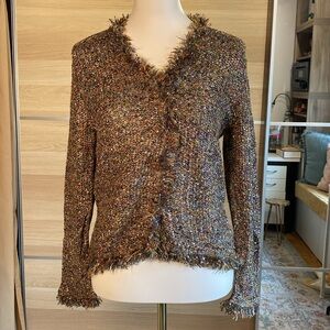 Nancy & Co. Metallic Bouclé Knit Jacket Cardigan Medium Fringe Trim Blazer